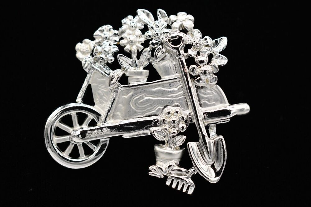 AJC Vintage Flower Pin Brooch Brushed Silver Garden Cart Floral Signed NOS 80s
